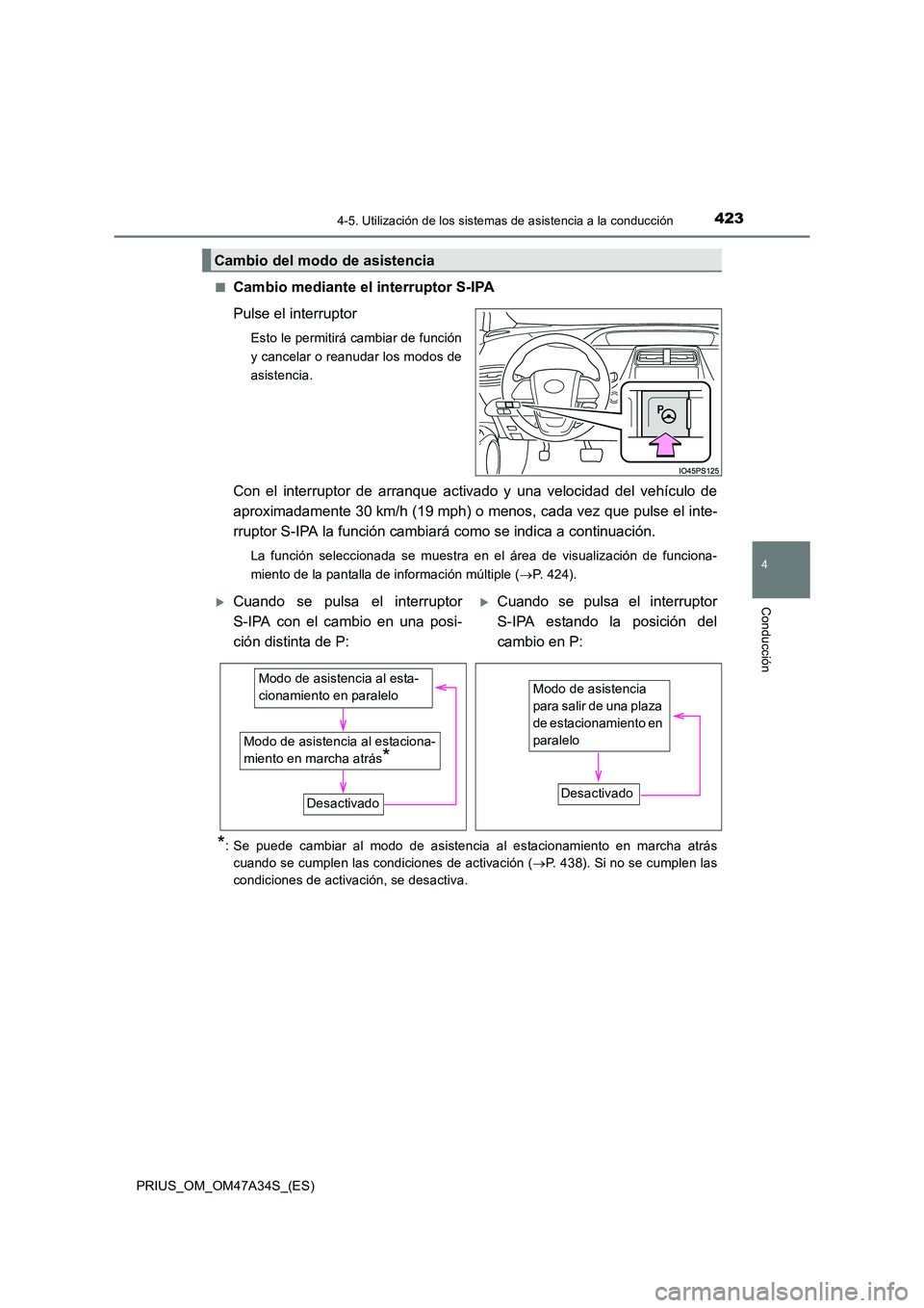 TOYOTA PRIUS 2015  Manual del propietario (in Spanish) 4234-5. Utilización de los sistemas de asistencia a la conducción
4
Conducción
PRIUS_OM_OM47A34S_(ES)■
Cambio mediante el interruptor S-IPA
Pulse el interruptor
Esto le permitirá cambiar de func