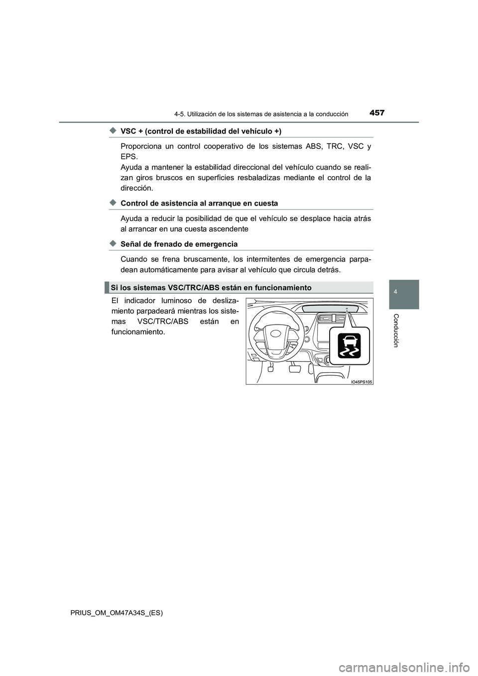 TOYOTA PRIUS 2015 Manual del propietario (in Spanish) 4574-5. Utilización de los sistemas de asistencia a la conducción
4
Conducción
PRIUS_OM_OM47A34S_(ES)
◆VSC + (control de estabilidad del vehículo +)
Proporciona un control cooperativo de los sis TOYOTA PRIUS 2015 Manual del propietario (in Spanish) 4574-5. Utilización de los sistemas de asistencia a la conducción
4
Conducción
PRIUS_OM_OM47A34S_(ES)
◆VSC + (control de estabilidad del vehículo +)
Proporciona un control cooperativo de los sis