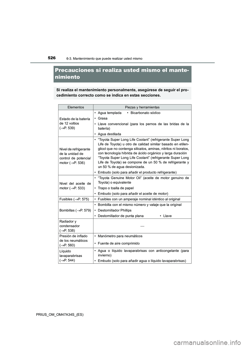 TOYOTA PRIUS 2015 Manual del propietario (in Spanish) 5266-3. Mantenimiento que puede realizar usted mismo
PRIUS_OM_OM47A34S_(ES)
Precauciones si realiza usted mismo el mante-
nimiento
Si realiza el mantenimiento personalmente, asegúrese de seguir el pr TOYOTA PRIUS 2015 Manual del propietario (in Spanish) 5266-3. Mantenimiento que puede realizar usted mismo
PRIUS_OM_OM47A34S_(ES)
Precauciones si realiza usted mismo el mante-
nimiento
Si realiza el mantenimiento personalmente, asegúrese de seguir el pr