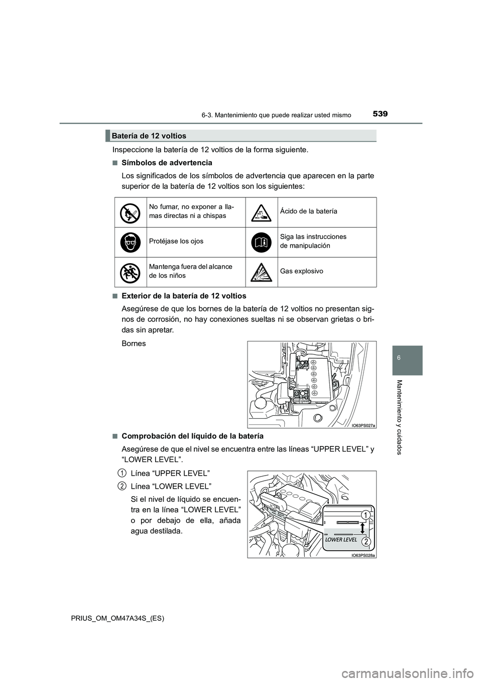 TOYOTA PRIUS 2015  Manual del propietario (in Spanish) 5396-3. Mantenimiento que puede realizar usted mismo
PRIUS_OM_OM47A34S_(ES)
6
Mantenimiento y cuidados
Inspeccione la batería de 12 voltios de la forma siguiente.
■Símbolos de advertencia
Los sign