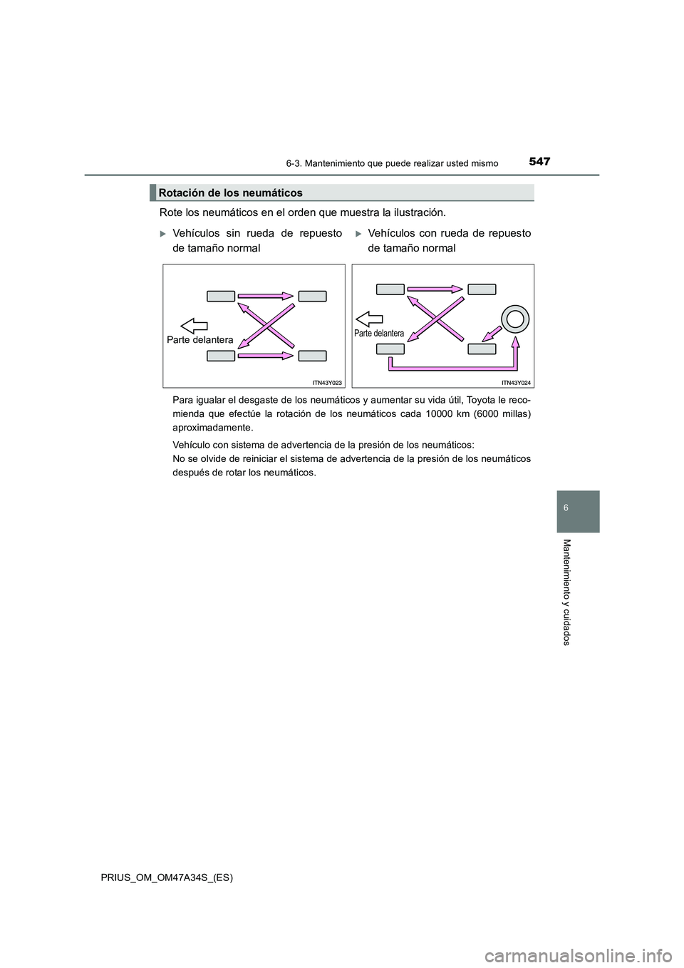 TOYOTA PRIUS 2015 Manual del propietario (in Spanish) 5476-3. Mantenimiento que puede realizar usted mismo
PRIUS_OM_OM47A34S_(ES)
6
Mantenimiento y cuidados
Rote los neumáticos en el orden que muestra la ilustración.
Para igualar el desgaste de los neu TOYOTA PRIUS 2015 Manual del propietario (in Spanish) 5476-3. Mantenimiento que puede realizar usted mismo
PRIUS_OM_OM47A34S_(ES)
6
Mantenimiento y cuidados
Rote los neumáticos en el orden que muestra la ilustración.
Para igualar el desgaste de los neu