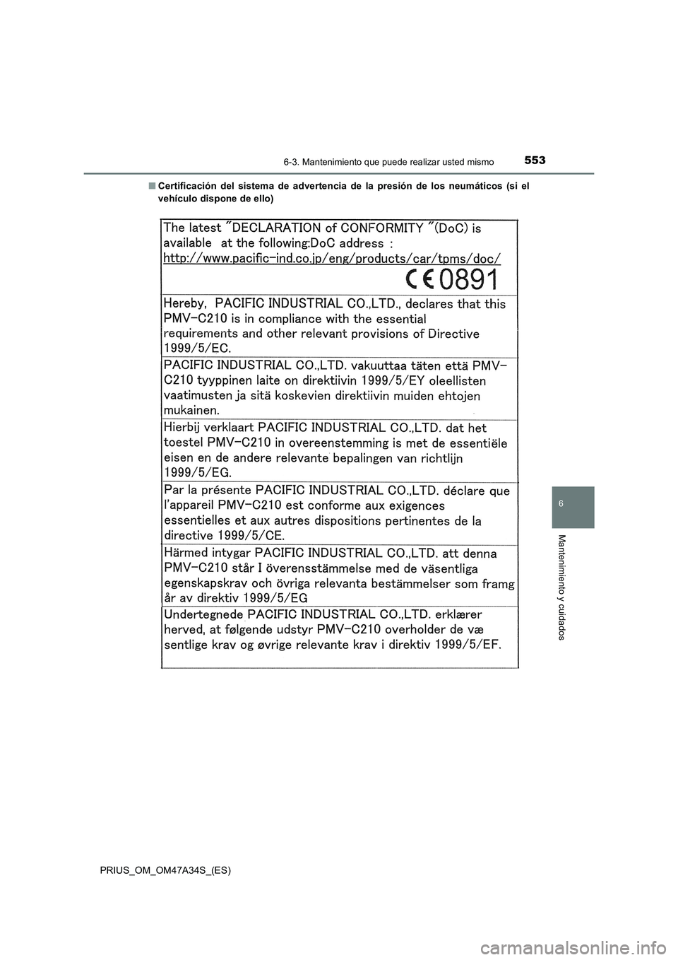 TOYOTA PRIUS 2015  Manual del propietario (in Spanish) 5536-3. Mantenimiento que puede realizar usted mismo
PRIUS_OM_OM47A34S_(ES)
6
Mantenimiento y cuidados
■Certificación del sistema de advertencia de la presión de los neumáticos (si el
vehículo d