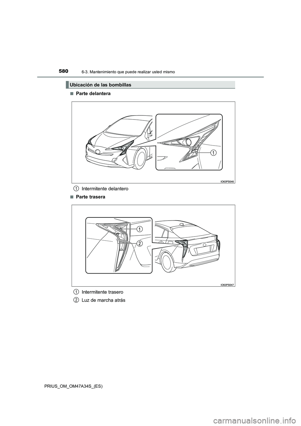 TOYOTA PRIUS 2015  Manual del propietario (in Spanish) 5806-3. Mantenimiento que puede realizar usted mismo
PRIUS_OM_OM47A34S_(ES)■
Parte delantera
Intermitente delantero
■Parte traseraIntermitente trasero
Luz de marcha atrás
Ubicación de las bombil