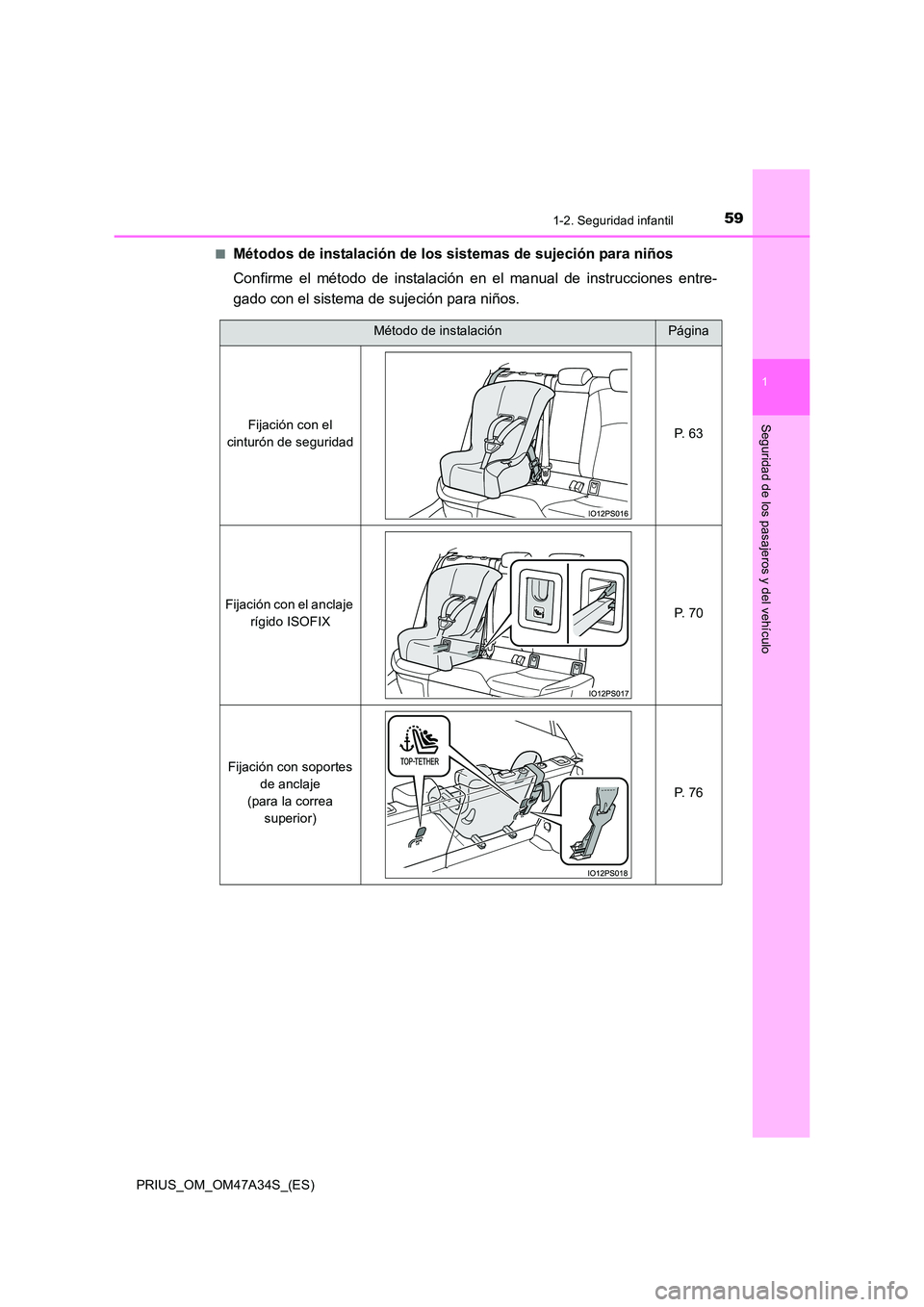 TOYOTA PRIUS 2015 Manual del propietario (in Spanish) 591-2. Seguridad infantil
1
PRIUS_OM_OM47A34S_(ES)
Seguridad de los pasajeros y del vehículo
■Métodos de instalación de los sistemas de sujeción para niños
Confirme el método de instalación e TOYOTA PRIUS 2015 Manual del propietario (in Spanish) 591-2. Seguridad infantil
1
PRIUS_OM_OM47A34S_(ES)
Seguridad de los pasajeros y del vehículo
■Métodos de instalación de los sistemas de sujeción para niños
Confirme el método de instalación e