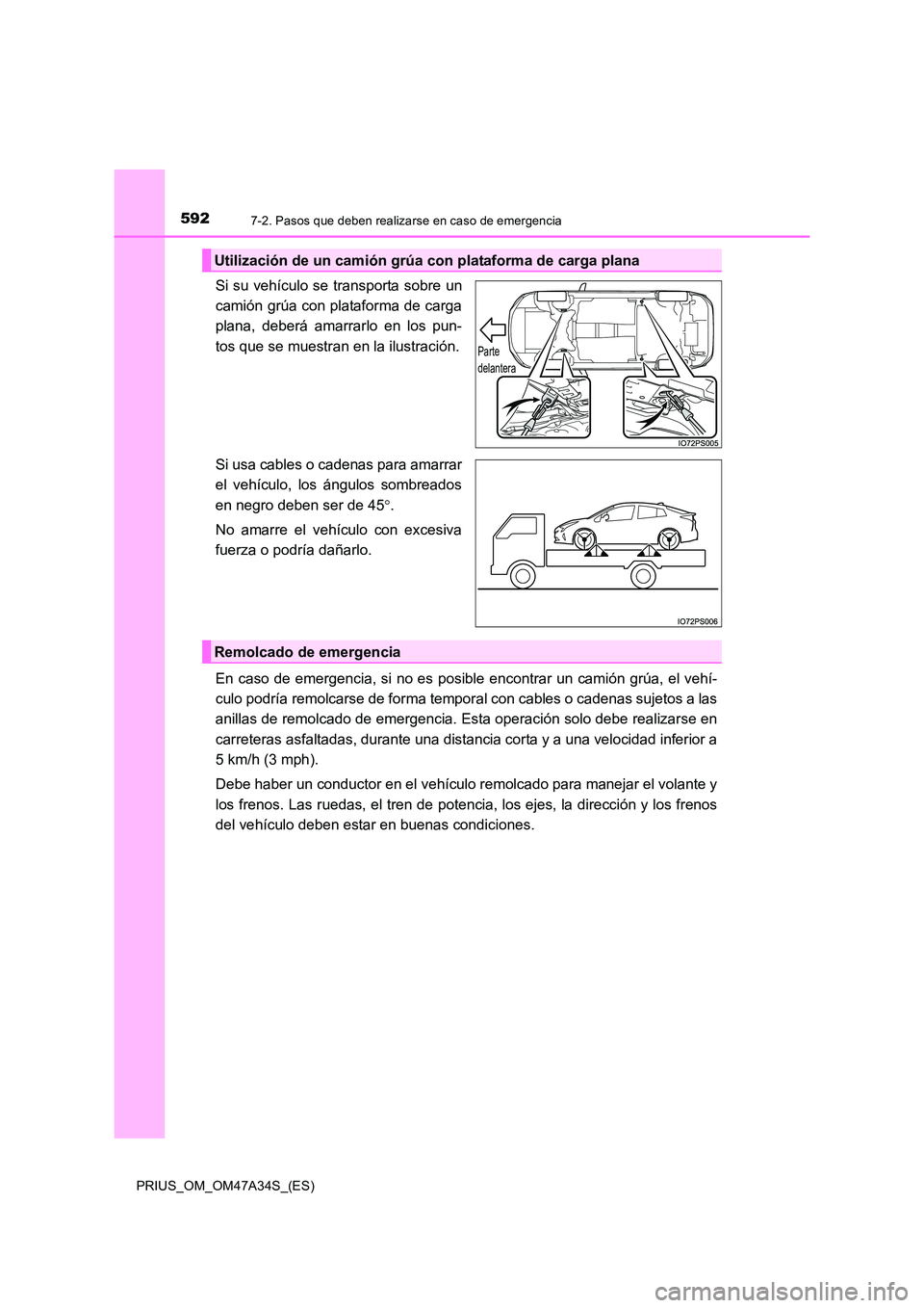 TOYOTA PRIUS 2015 Manual del propietario (in Spanish) 5927-2. Pasos que deben realizarse en caso de emergencia
PRIUS_OM_OM47A34S_(ES)
Si su vehículo se transporta sobre un
camión grúa con plataforma de carga
plana, deberá amarrarlo en los pun-
tos qu TOYOTA PRIUS 2015 Manual del propietario (in Spanish) 5927-2. Pasos que deben realizarse en caso de emergencia
PRIUS_OM_OM47A34S_(ES)
Si su vehículo se transporta sobre un
camión grúa con plataforma de carga
plana, deberá amarrarlo en los pun-
tos qu