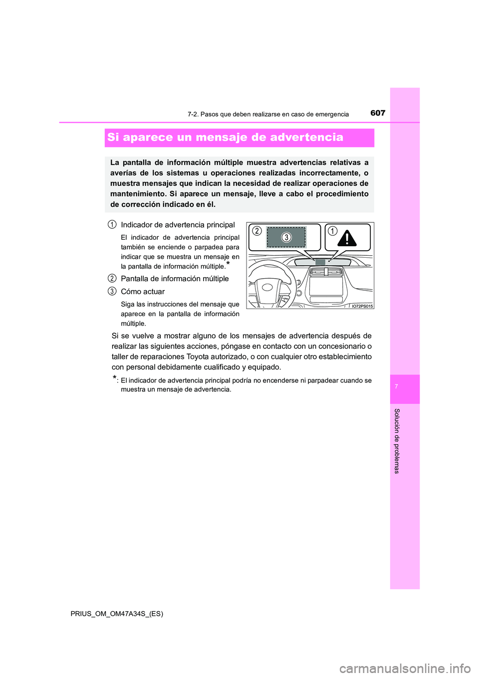 TOYOTA PRIUS 2015 Manual del propietario (in Spanish) 6077-2. Pasos que deben realizarse en caso de emergencia
PRIUS_OM_OM47A34S_(ES)
7
Solución de problemas
Si aparece un mensaje de advertencia
Indicador de advertencia principal
El indicador de adverte TOYOTA PRIUS 2015 Manual del propietario (in Spanish) 6077-2. Pasos que deben realizarse en caso de emergencia
PRIUS_OM_OM47A34S_(ES)
7
Solución de problemas
Si aparece un mensaje de advertencia
Indicador de advertencia principal
El indicador de adverte