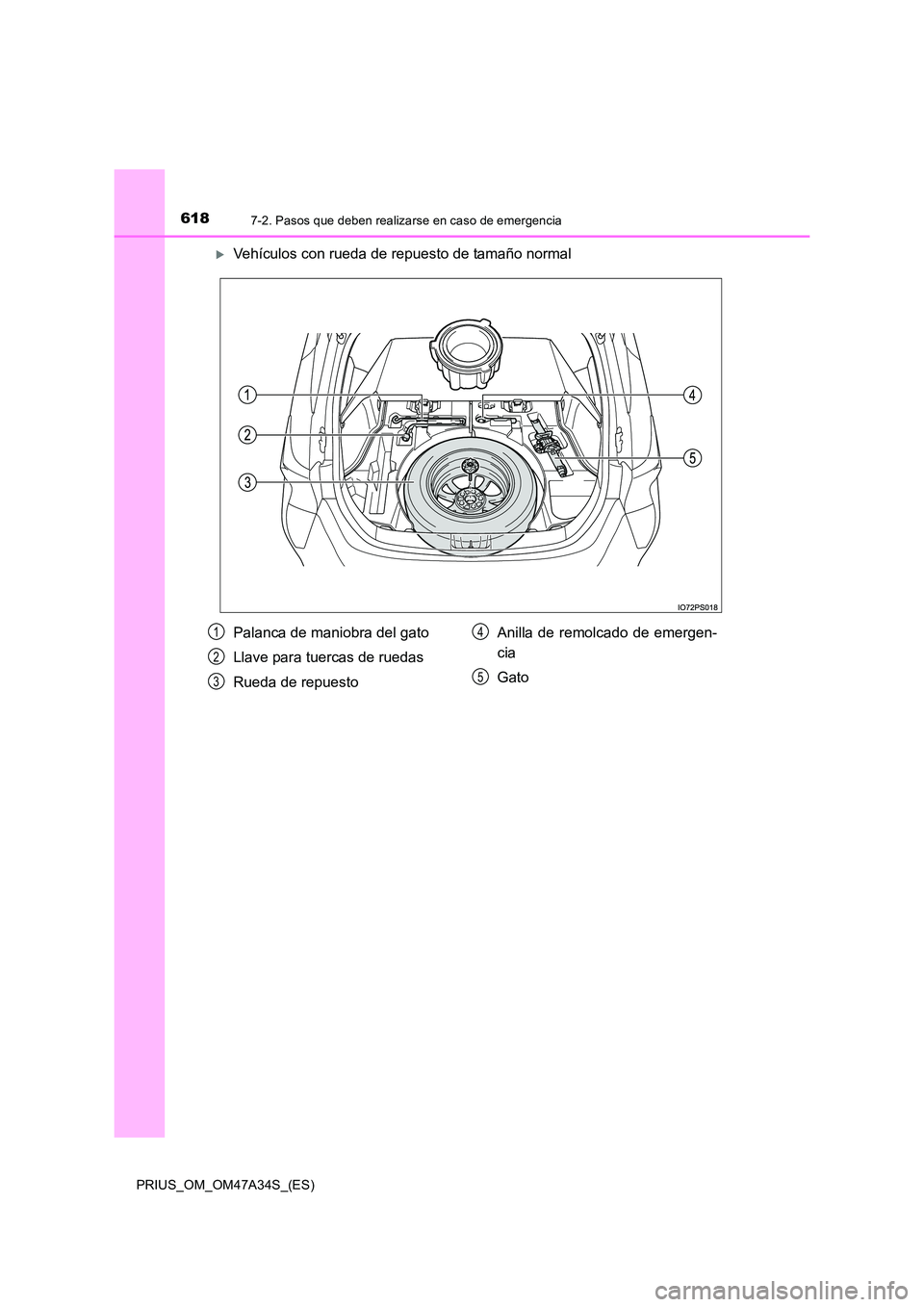 TOYOTA PRIUS 2015  Manual del propietario (in Spanish) 6187-2. Pasos que deben realizarse en caso de emergencia
PRIUS_OM_OM47A34S_(ES)
�XVehículos con rueda de repuesto de tamaño normal
Palanca de maniobra del gato
Llave para tuercas de ruedas
Rueda de 