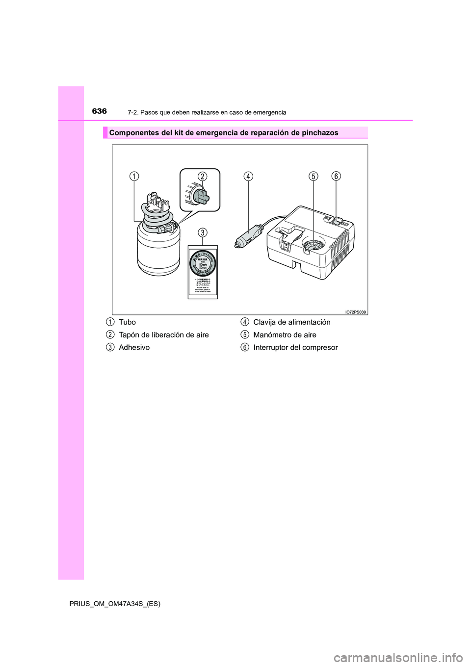 TOYOTA PRIUS 2015  Manual del propietario (in Spanish) 6367-2. Pasos que deben realizarse en caso de emergencia
PRIUS_OM_OM47A34S_(ES)
Componentes del kit de emergencia de reparación de pinchazos
Tubo
Tapón de liberación de aire
AdhesivoClavija de alim