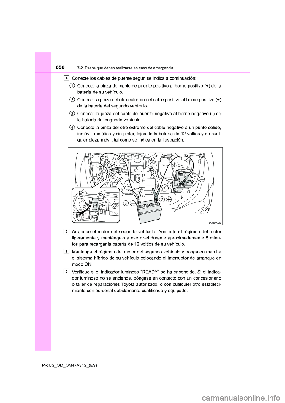 TOYOTA PRIUS 2015 Manual del propietario (in Spanish) 6587-2. Pasos que deben realizarse en caso de emergencia
PRIUS_OM_OM47A34S_(ES)
Conecte los cables de puente según se indica a continuación:Conecte la pinza del cable de puente positivo al borne pos TOYOTA PRIUS 2015 Manual del propietario (in Spanish) 6587-2. Pasos que deben realizarse en caso de emergencia
PRIUS_OM_OM47A34S_(ES)
Conecte los cables de puente según se indica a continuación:Conecte la pinza del cable de puente positivo al borne pos