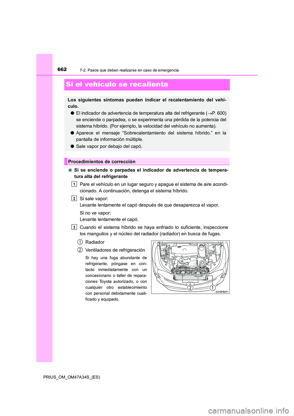 TOYOTA PRIUS 2015 Manual del propietario (in Spanish) 6627-2. Pasos que deben realizarse en caso de emergencia
PRIUS_OM_OM47A34S_(ES)
Si el vehículo se recalienta
■Si se enciende o parpadea el indicador de advertencia de tempera-
tura alta del refrige TOYOTA PRIUS 2015 Manual del propietario (in Spanish) 6627-2. Pasos que deben realizarse en caso de emergencia
PRIUS_OM_OM47A34S_(ES)
Si el vehículo se recalienta
■Si se enciende o parpadea el indicador de advertencia de tempera-
tura alta del refrige