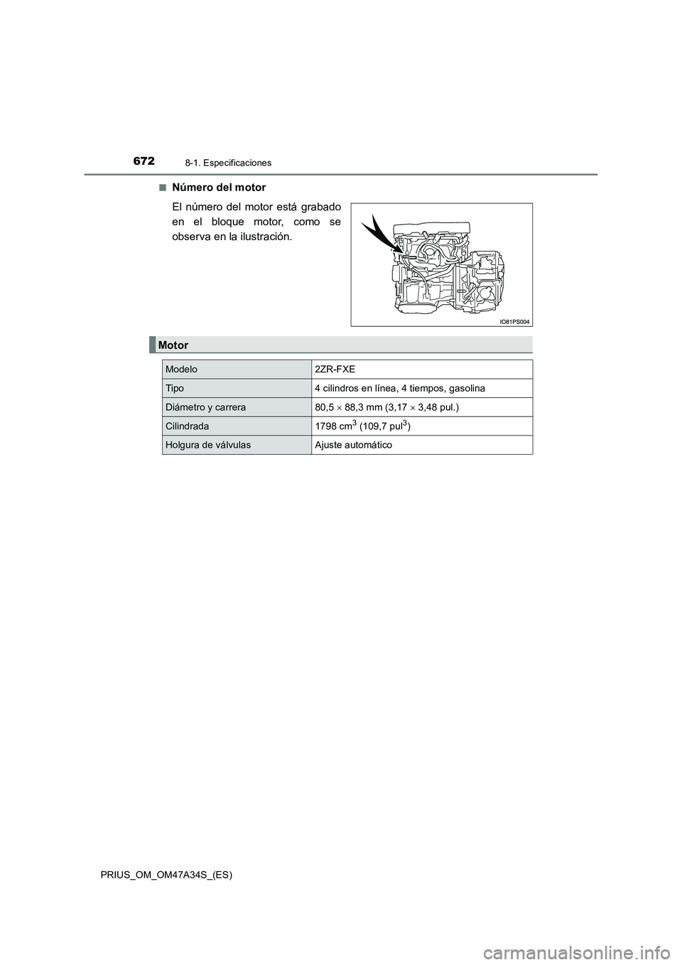 TOYOTA PRIUS 2015  Manual del propietario (in Spanish) 6728-1. Especificaciones
PRIUS_OM_OM47A34S_(ES)■
Número del motor
El número del motor está grabado
en el bloque motor, como se
observa en la ilustración.
Motor
Modelo2ZR-FXE
Tipo4 cilindros en l