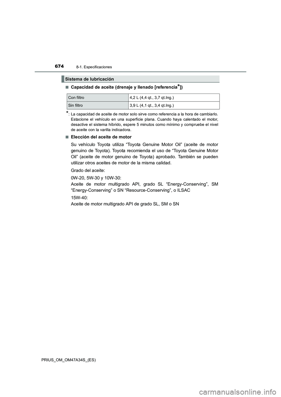 TOYOTA PRIUS 2015  Manual del propietario (in Spanish) 6748-1. Especificaciones
PRIUS_OM_OM47A34S_(ES)■
Capacidad de aceite (drenaje y llenado [referencia*])
*: La capacidad de aceite de motor solo sirve como referencia a la hora de cambiarlo.
Estacione