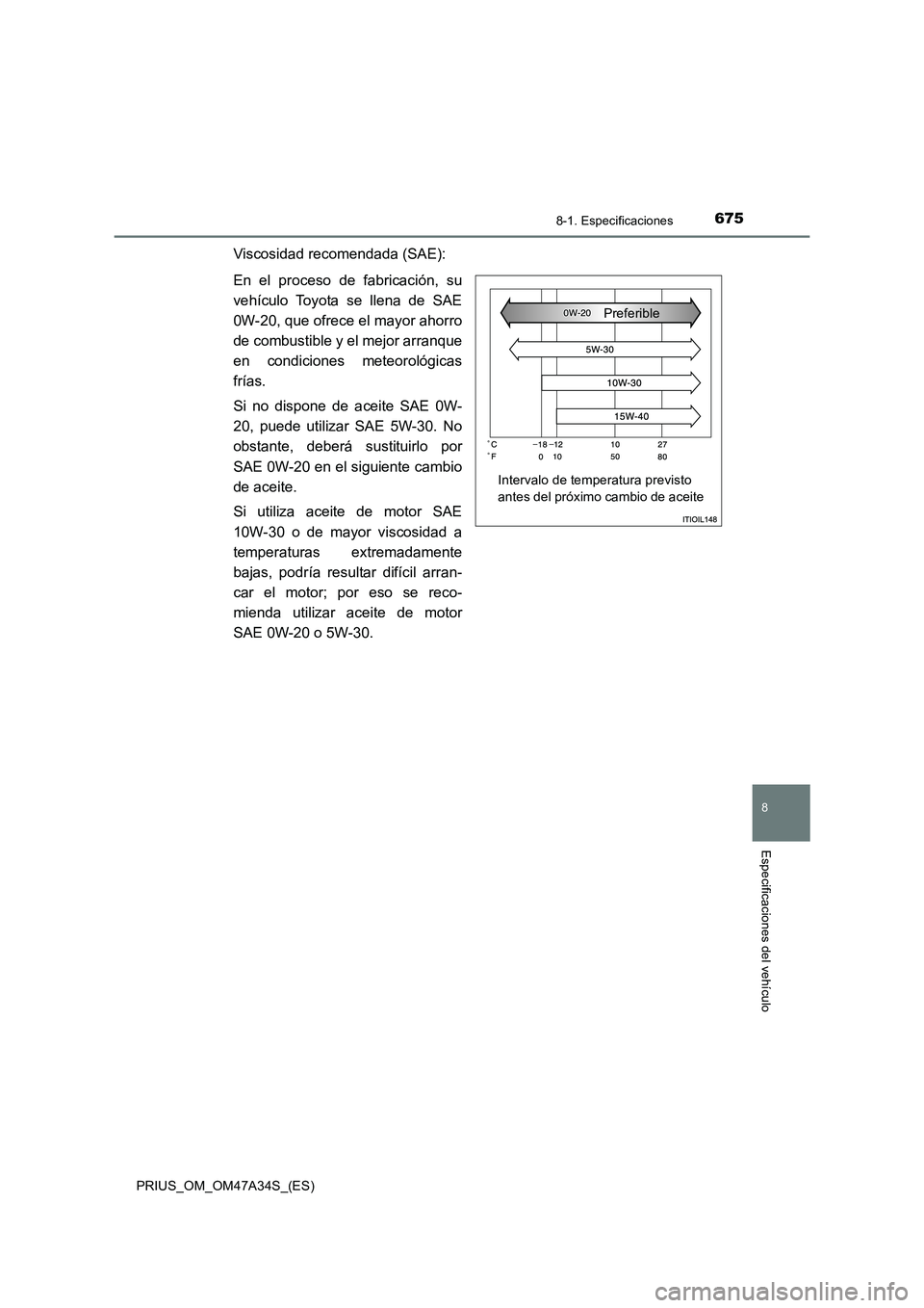 TOYOTA PRIUS 2015  Manual del propietario (in Spanish) 6758-1. Especificaciones
PRIUS_OM_OM47A34S_(ES)
8
Especificaciones del vehículo
Viscosidad recomendada (SAE):
En el proceso de fabricación, su
vehículo Toyota se llena de SAE
0W-20, que ofrece el m