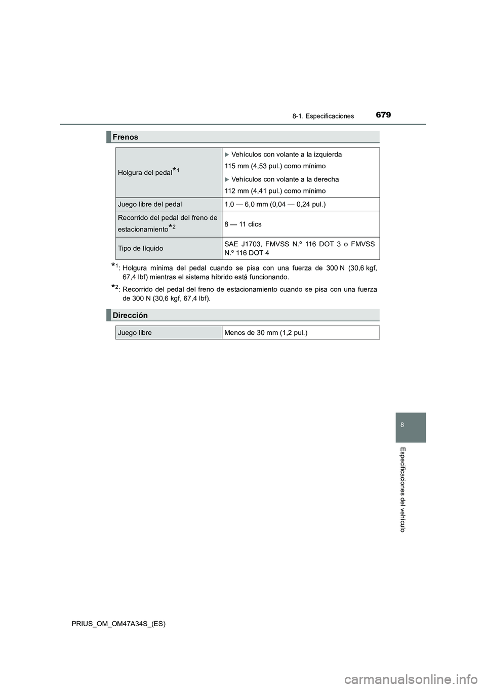 TOYOTA PRIUS 2015  Manual del propietario (in Spanish) 6798-1. Especificaciones
PRIUS_OM_OM47A34S_(ES)
8
Especificaciones del vehículo
*1: Holgura mínima del pedal cuando se pisa con una fuerza de 300 N (30,6 kgf,67,4 lbf) mientras el sistema híbrido e