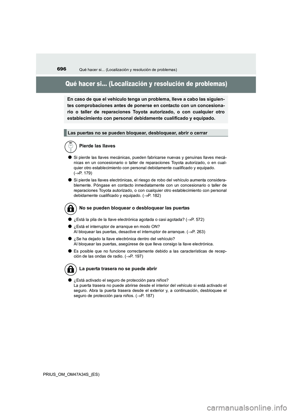 TOYOTA PRIUS 2015 Manual del propietario (in Spanish) 696Qué hacer si... (Localización y resolución de problemas)
PRIUS_OM_OM47A34S_(ES)
Qué hacer si... (Localización y resolución de problemas)
●Si pierde las llaves mecánicas, pueden fabricarse TOYOTA PRIUS 2015 Manual del propietario (in Spanish) 696Qué hacer si... (Localización y resolución de problemas)
PRIUS_OM_OM47A34S_(ES)
Qué hacer si... (Localización y resolución de problemas)
●Si pierde las llaves mecánicas, pueden fabricarse