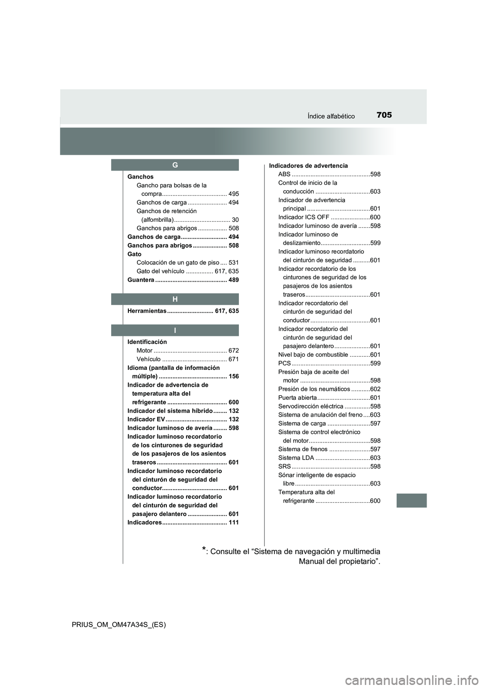 TOYOTA PRIUS 2015 Manual del propietario (in Spanish) 705Índice alfabético
PRIUS_OM_OM47A34S_(ES)
GanchosGancho para bolsas de la compra...................................... 495
Ganchos de carga ....................... 494
Ganchos de retención (alfo TOYOTA PRIUS 2015 Manual del propietario (in Spanish) 705Índice alfabético
PRIUS_OM_OM47A34S_(ES)
GanchosGancho para bolsas de la compra...................................... 495
Ganchos de carga ....................... 494
Ganchos de retención (alfo