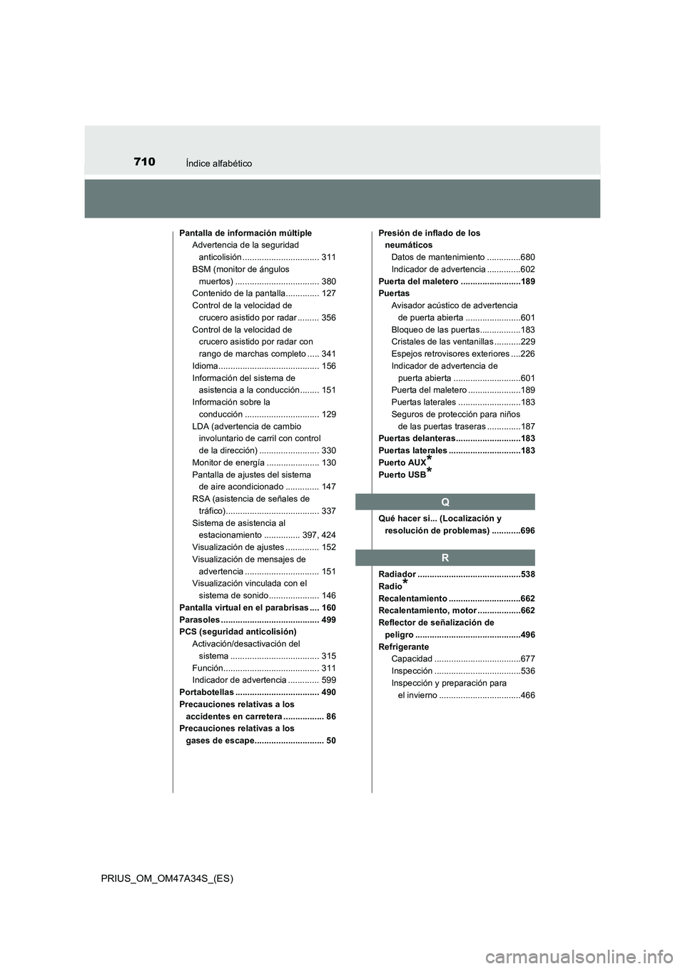 TOYOTA PRIUS 2015 Manual del propietario (in Spanish) 710Índice alfabético
PRIUS_OM_OM47A34S_(ES)
Pantalla de información múltipleAdvertencia de la seguridad
anticolisión ................................ 311
BSM (monitor de ángulos
muertos) ..... TOYOTA PRIUS 2015 Manual del propietario (in Spanish) 710Índice alfabético
PRIUS_OM_OM47A34S_(ES)
Pantalla de información múltipleAdvertencia de la seguridad
anticolisión ................................ 311
BSM (monitor de ángulos
muertos) .....