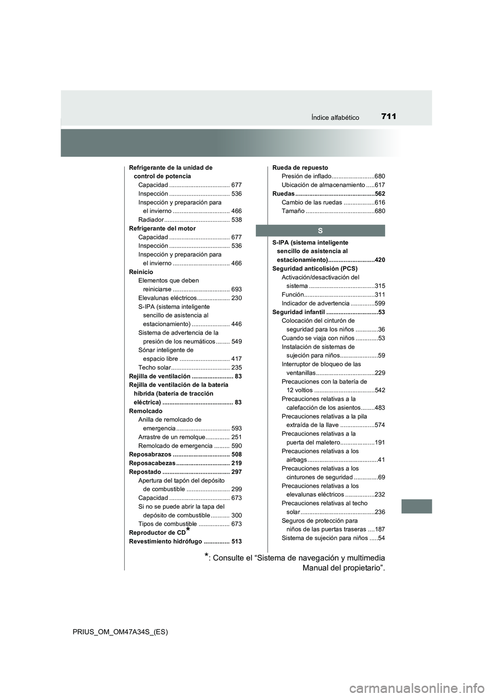 TOYOTA PRIUS 2015  Manual del propietario (in Spanish) 711Índice alfabético
PRIUS_OM_OM47A34S_(ES)
Refrigerante de la unidad de control de potencia
Capacidad ................................... 677
Inspección ................................... 536
Ins