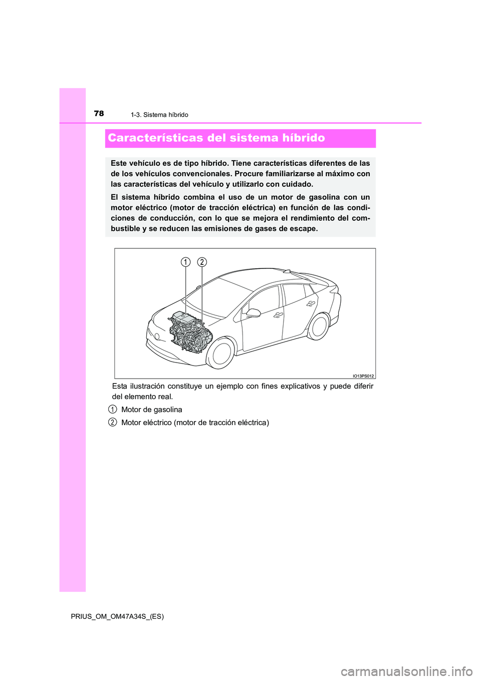 TOYOTA PRIUS 2015  Manual del propietario (in Spanish) 781-3. Sistema híbrido
PRIUS_OM_OM47A34S_(ES)
Características del sistema híbrido
Esta ilustración constituye un ejemplo con fines explicativos y puede diferir
del elemento real.Motor de gasolina
