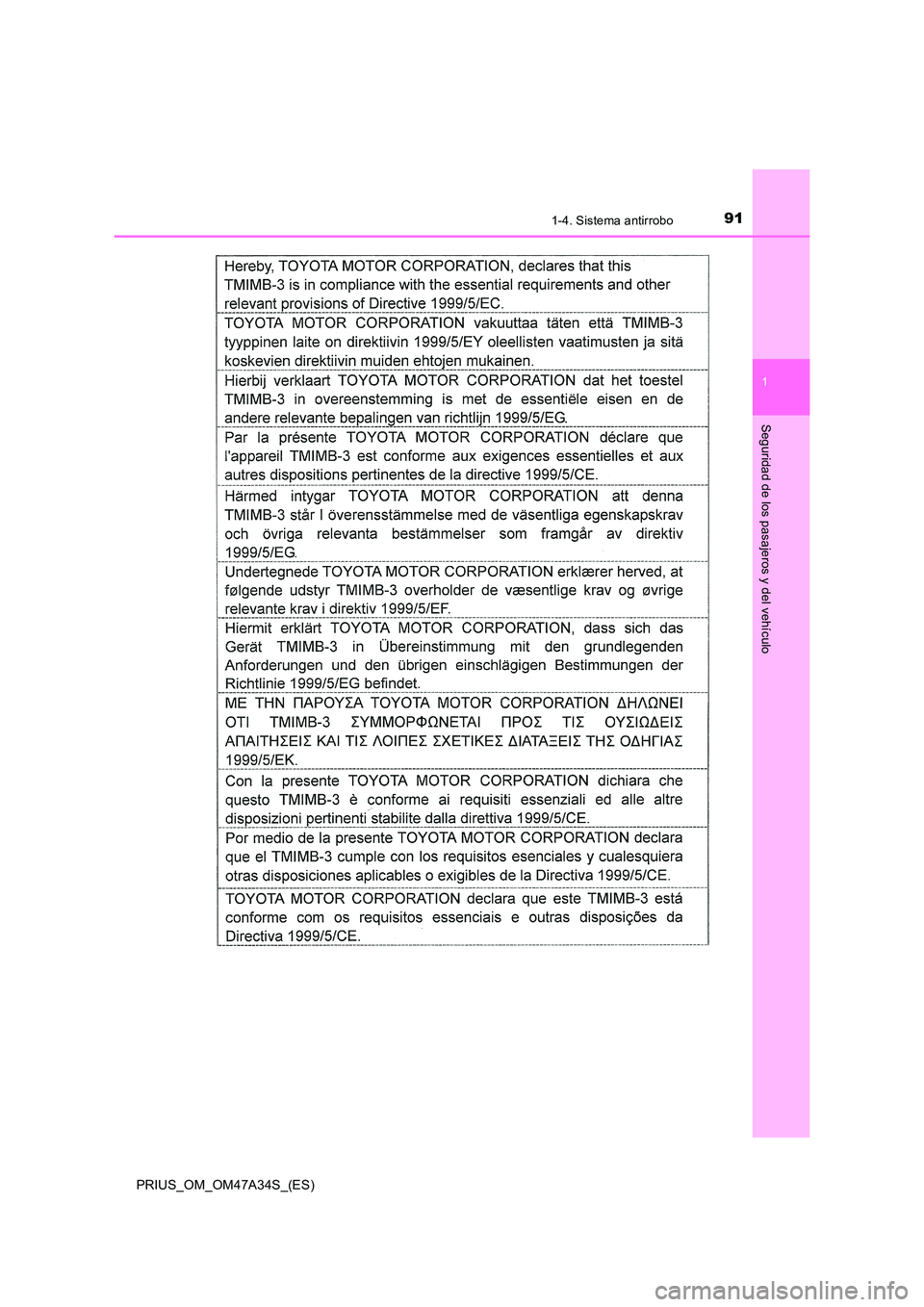 TOYOTA PRIUS 2015 Manual del propietario (in Spanish) 911-4. Sistema antirrobo
1
PRIUS_OM_OM47A34S_(ES)
Seguridad de los pasajeros y del vehículo TOYOTA PRIUS 2015 Manual del propietario (in Spanish) 911-4. Sistema antirrobo
1
PRIUS_OM_OM47A34S_(ES)
Seguridad de los pasajeros y del vehículo