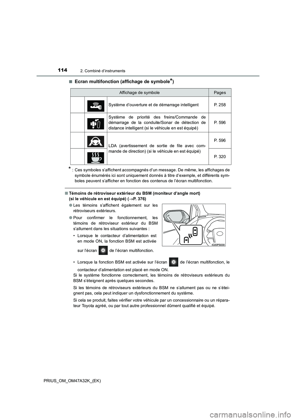 TOYOTA PRIUS 2016  Manuel du propriétaire (in French) 1142. Combiné d’instruments
PRIUS_OM_OM47A32K_(EK)■
Ecran multifonction (affichage de symbole*)
* : Ces symboles s’affichent accompagnés d’un message. De même, les affichages de
symbole én