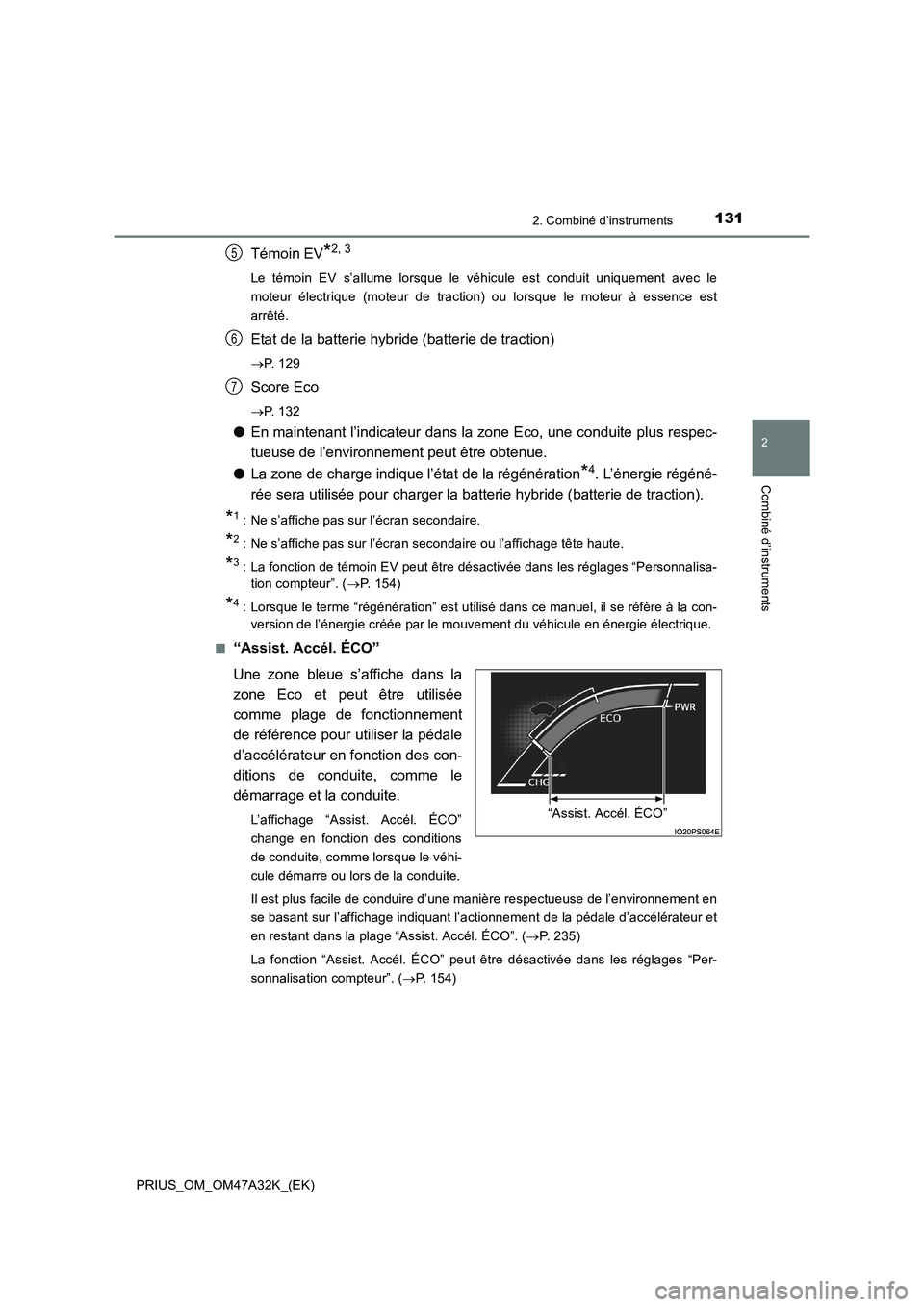 TOYOTA PRIUS 2016 Manuel du propriétaire (in French) 1312. Combiné d’instruments
2
Combiné d’instruments
PRIUS_OM_OM47A32K_(EK)
Témoin EV*2, 3
Le témoin EV s’allume lorsque le véhicule est conduit uniquement avec le
moteur électrique (moteur TOYOTA PRIUS 2016 Manuel du propriétaire (in French) 1312. Combiné d’instruments
2
Combiné d’instruments
PRIUS_OM_OM47A32K_(EK)
Témoin EV*2, 3
Le témoin EV s’allume lorsque le véhicule est conduit uniquement avec le
moteur électrique (moteur