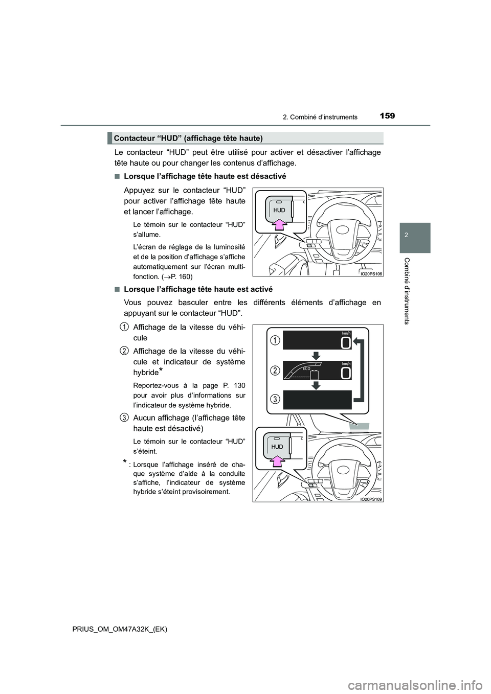 TOYOTA PRIUS 2016 Manuel du propriétaire (in French) 1592. Combiné d’instruments
2
Combiné d’instruments
PRIUS_OM_OM47A32K_(EK)
Le contacteur “HUD” peut être utilisé pour activer et désactiver l’affichage
tête haute ou pour changer les c TOYOTA PRIUS 2016 Manuel du propriétaire (in French) 1592. Combiné d’instruments
2
Combiné d’instruments
PRIUS_OM_OM47A32K_(EK)
Le contacteur “HUD” peut être utilisé pour activer et désactiver l’affichage
tête haute ou pour changer les c