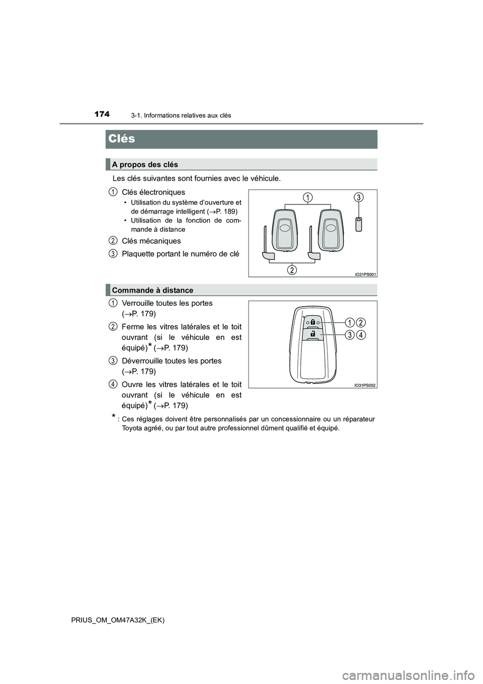 TOYOTA PRIUS 2016  Manuel du propriétaire (in French) 1743-1. Informations relatives aux clés
PRIUS_OM_OM47A32K_(EK)
Clés
Les clés suivantes sont fournies avec le véhicule.Clés électroniques
• Utilisation du système d’ouverture etde démarrage