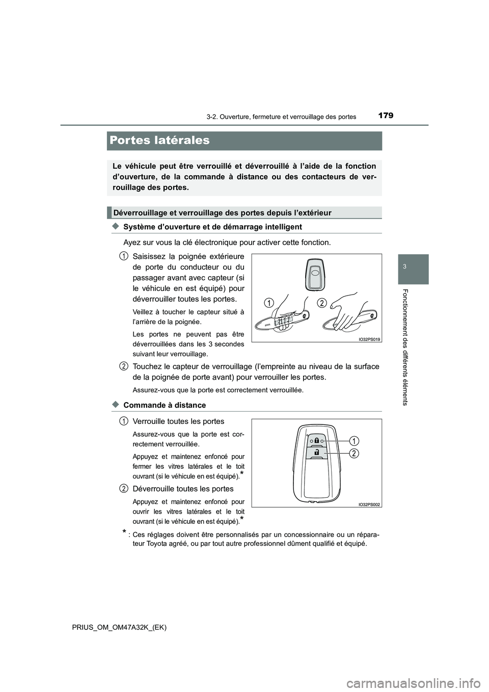 TOYOTA PRIUS 2016  Manuel du propriétaire (in French) 179
3
3-2. Ouverture, fermeture et verrouillage des portes
Fonctionnement des différents éléments
PRIUS_OM_OM47A32K_(EK)
Por tes latérales
◆Système d’ouverture et de démarrage intelligent
Ay