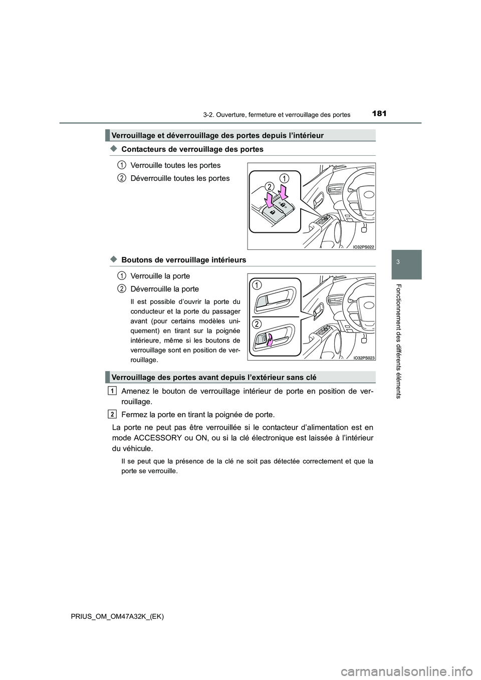 TOYOTA PRIUS 2016  Manuel du propriétaire (in French) 1813-2. Ouverture, fermeture et verrouillage des portes
3
Fonctionnement des différents éléments
PRIUS_OM_OM47A32K_(EK)
◆Contacteurs de verrouillage des portesVerrouille toutes les portes
Déverr