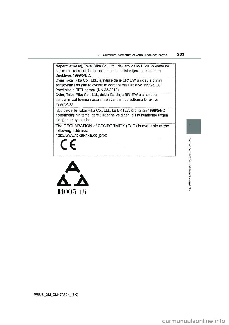 TOYOTA PRIUS 2016  Manuel du propriétaire (in French) 2033-2. Ouverture, fermeture et verrouillage des portes
3
Fonctionnement des différents éléments
PRIUS_OM_OM47A32K_(EK) 