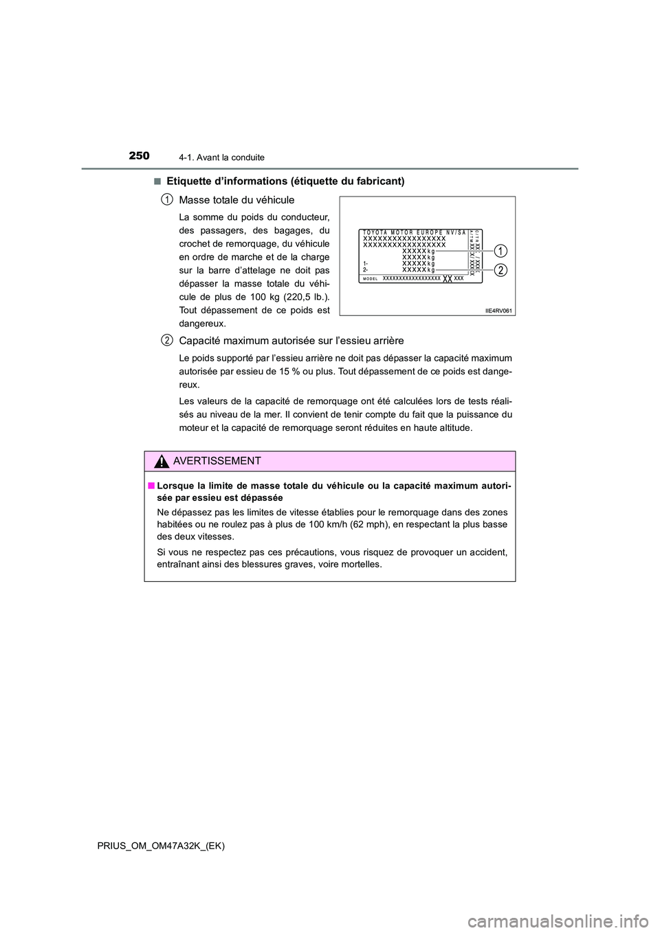 TOYOTA PRIUS 2016  Manuel du propriétaire (in French) 2504-1. Avant la conduite
PRIUS_OM_OM47A32K_(EK)■
Etiquette d’informations (étiquette du fabricant)
Masse totale du véhicule
La somme du poids du conducteur,
des passagers, des bagages, du
croch