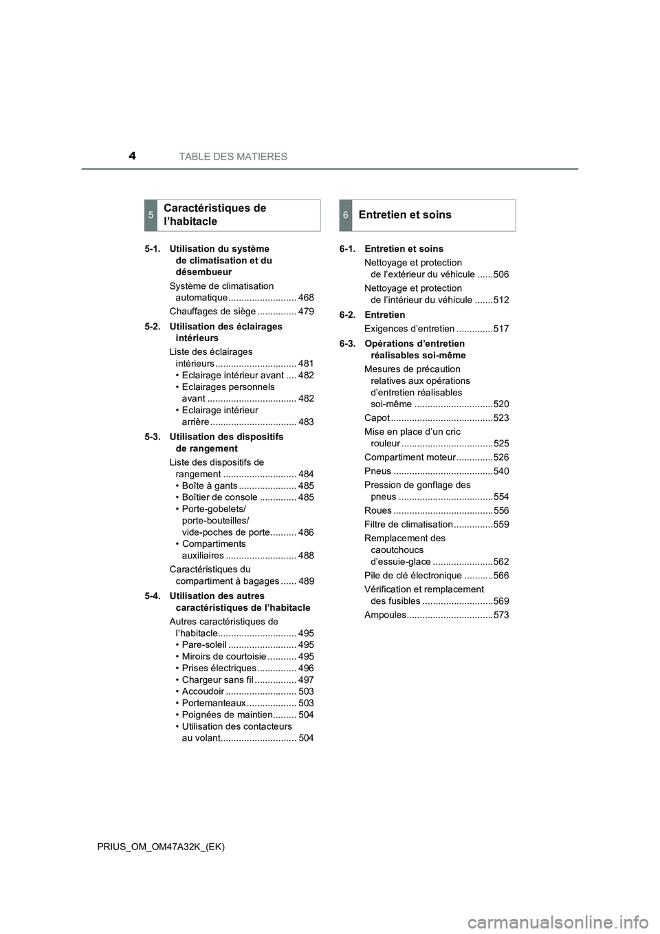 TOYOTA PRIUS 2016 Manuel du propriétaire (in French) TABLE DES MATIERES4
PRIUS_OM_OM47A32K_(EK)5-1. Utilisation du système
de climatisation et du
désembueur
Système de climatisation automatique.......................... 468
Chauffages de siège .. TOYOTA PRIUS 2016 Manuel du propriétaire (in French) TABLE DES MATIERES4
PRIUS_OM_OM47A32K_(EK)5-1. Utilisation du système
de climatisation et du
désembueur
Système de climatisation automatique.......................... 468
Chauffages de siège ..