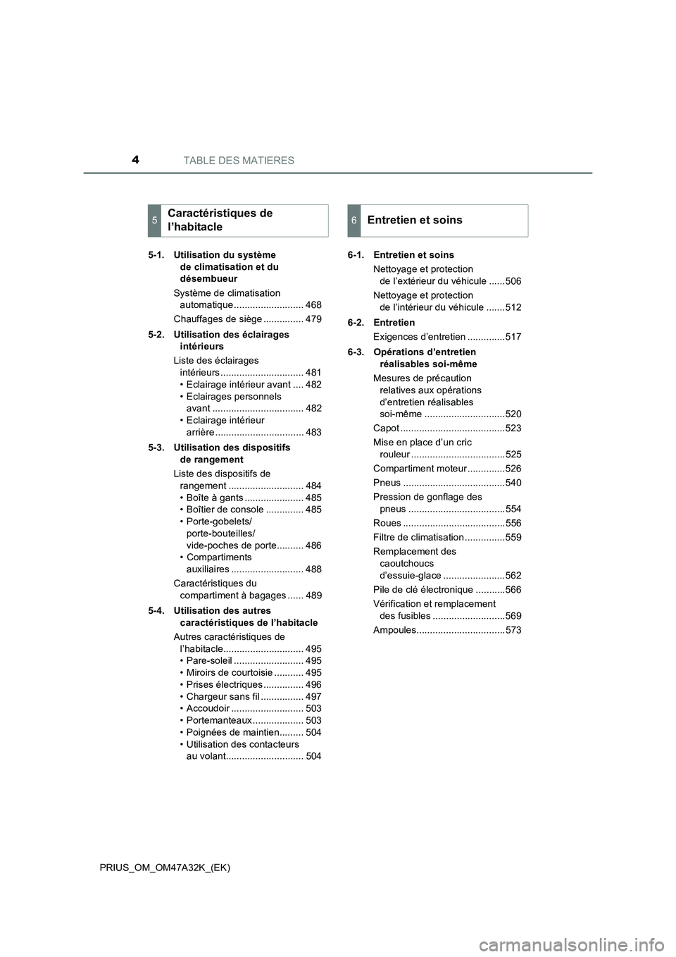 TOYOTA PRIUS 2016  Manuel du propriétaire (in French) TABLE DES MATIERES4
PRIUS_OM_OM47A32K_(EK)5-1. Utilisation du système 
de climatisation et du 
désembueur
Système de climatisation  automatique.......................... 468
Chauffages de siège ..