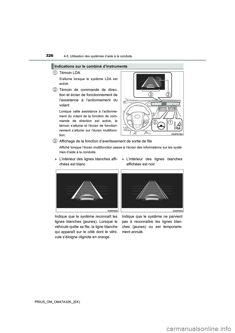 TOYOTA PRIUS 2016 Manuel du propriétaire (in French) 3264-5. Utilisation des systèmes d’aide à la conduite
PRIUS_OM_OM47A32K_(EK)
Témoin LDA
S’allume lorsque le système LDA est
activé.
Témoin de commande de direc-
tion et écran de fonctionnem TOYOTA PRIUS 2016 Manuel du propriétaire (in French) 3264-5. Utilisation des systèmes d’aide à la conduite
PRIUS_OM_OM47A32K_(EK)
Témoin LDA
S’allume lorsque le système LDA est
activé.
Témoin de commande de direc-
tion et écran de fonctionnem
