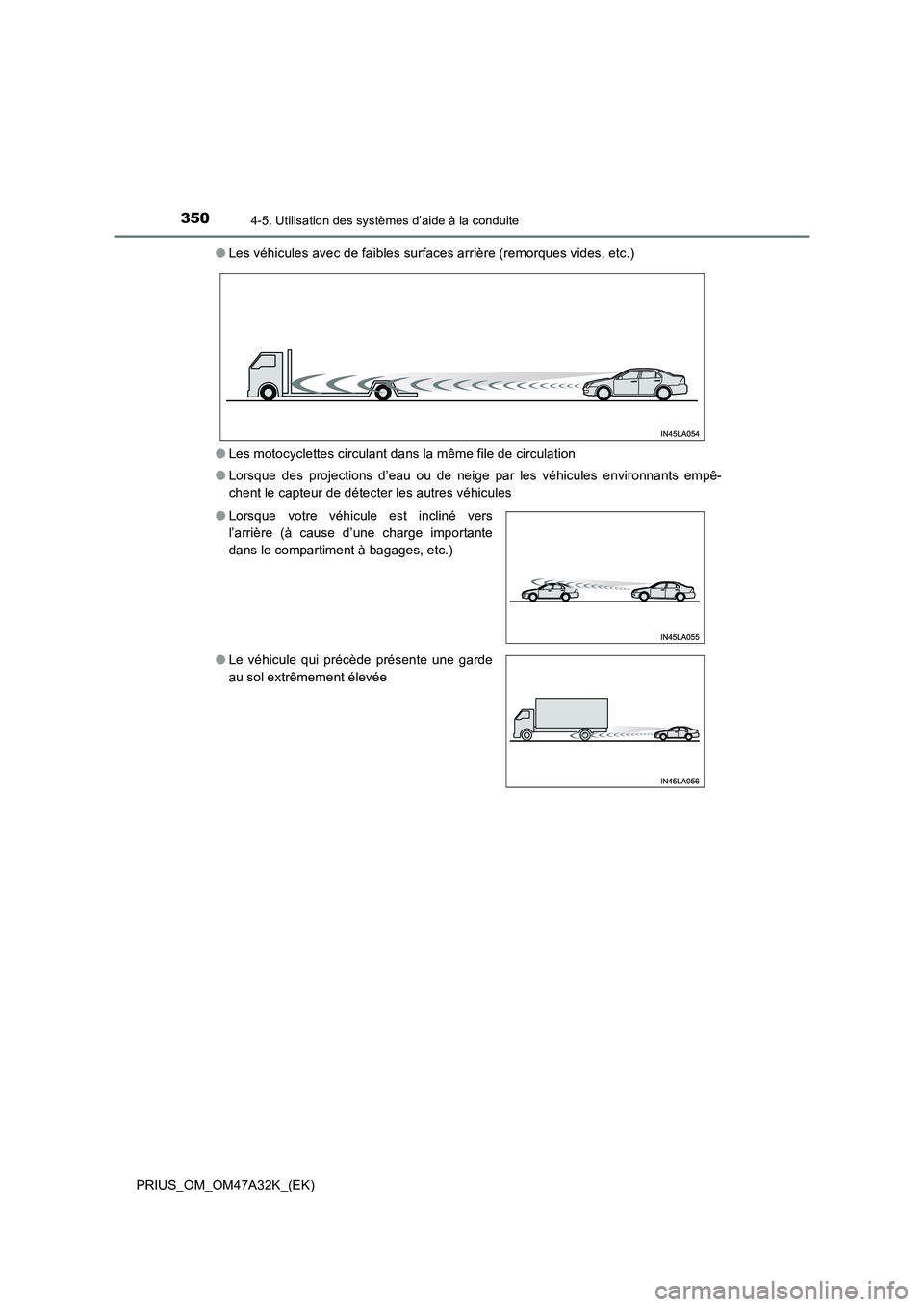 TOYOTA PRIUS 2016 Manuel du propriétaire (in French) 3504-5. Utilisation des systèmes d’aide à la conduite
PRIUS_OM_OM47A32K_(EK)●
Les véhicules avec de faibles surfaces arrière (remorques vides, etc.)
● Les motocyclettes circulant dans la mê TOYOTA PRIUS 2016 Manuel du propriétaire (in French) 3504-5. Utilisation des systèmes d’aide à la conduite
PRIUS_OM_OM47A32K_(EK)●
Les véhicules avec de faibles surfaces arrière (remorques vides, etc.)
● Les motocyclettes circulant dans la mê