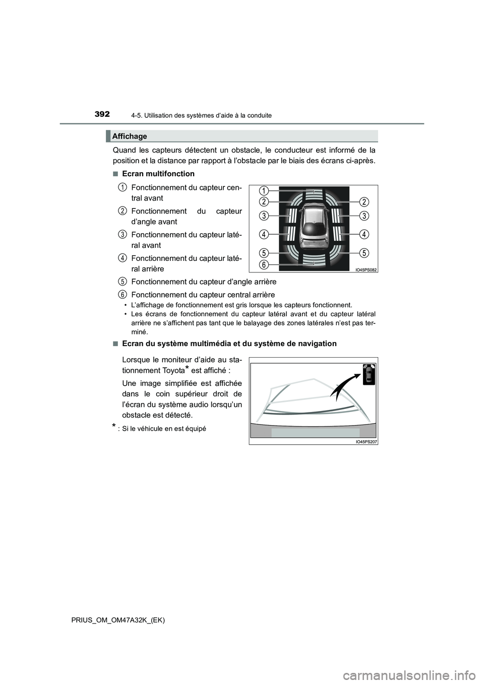 TOYOTA PRIUS 2016 Manuel du propriétaire (in French) 3924-5. Utilisation des systèmes d’aide à la conduite
PRIUS_OM_OM47A32K_(EK)
Quand les capteurs détectent un obstacle, le conducteur est informé de la
position et la distance par rapport à l’ TOYOTA PRIUS 2016 Manuel du propriétaire (in French) 3924-5. Utilisation des systèmes d’aide à la conduite
PRIUS_OM_OM47A32K_(EK)
Quand les capteurs détectent un obstacle, le conducteur est informé de la
position et la distance par rapport à l’