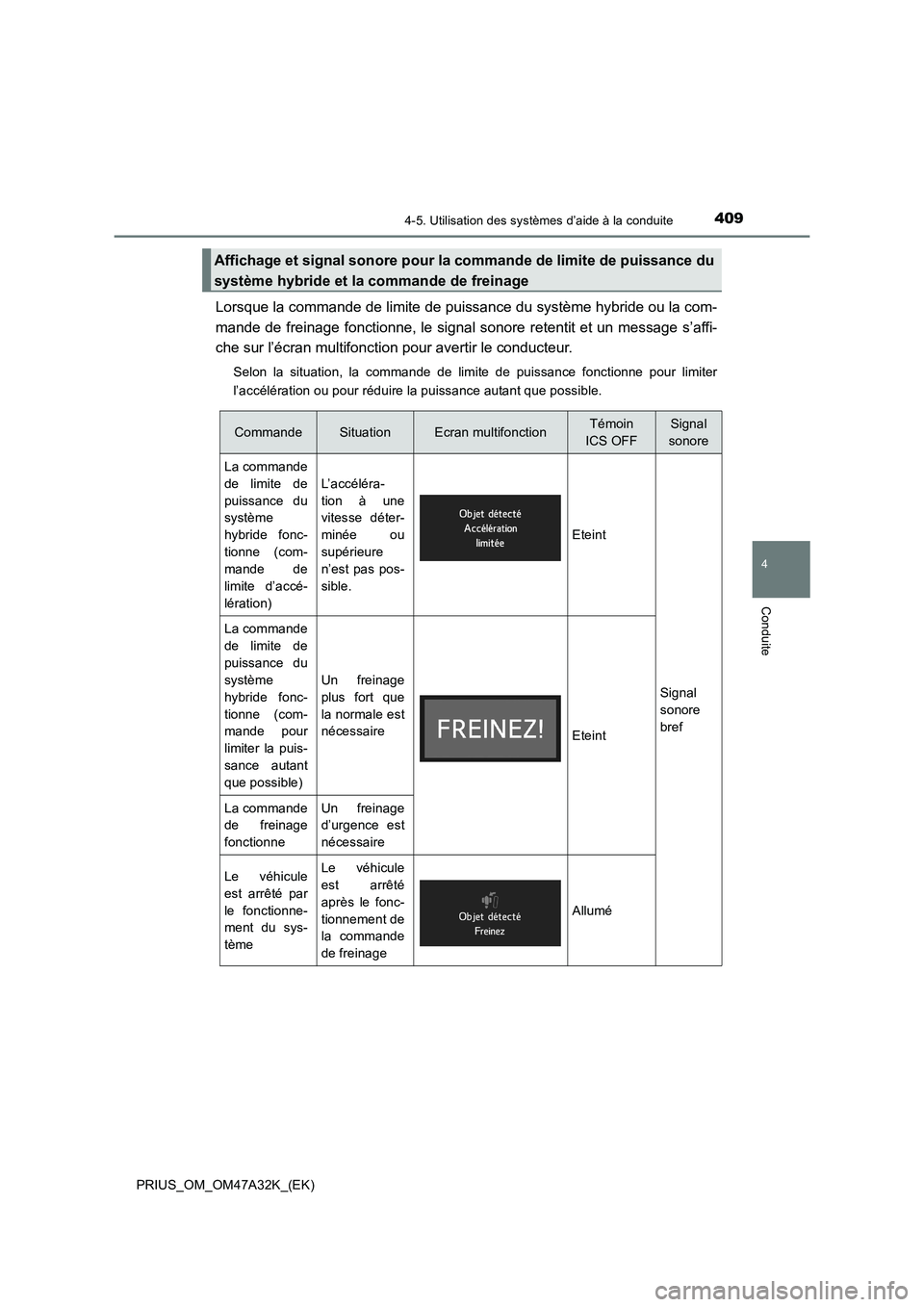 TOYOTA PRIUS 2016 Manuel du propriétaire (in French) 4094-5. Utilisation des systèmes d’aide à la conduite
4
Conduite
PRIUS_OM_OM47A32K_(EK)
Lorsque la commande de limite de puissance du système hybride ou la com-
mande de freinage fonctionne, le s TOYOTA PRIUS 2016 Manuel du propriétaire (in French) 4094-5. Utilisation des systèmes d’aide à la conduite
4
Conduite
PRIUS_OM_OM47A32K_(EK)
Lorsque la commande de limite de puissance du système hybride ou la com-
mande de freinage fonctionne, le s