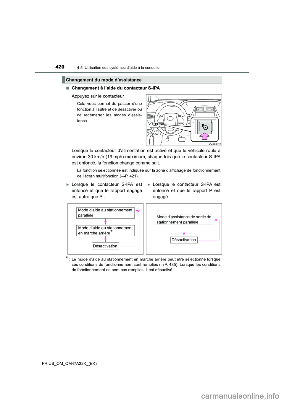 TOYOTA PRIUS 2016 Manuel du propriétaire (in French) 4204-5. Utilisation des systèmes d’aide à la conduite
PRIUS_OM_OM47A32K_(EK)■
Changement à l’aide du contacteur S-IPA
Appuyez sur le contacteur
Cela vous permet de passer d’une
fonction à TOYOTA PRIUS 2016 Manuel du propriétaire (in French) 4204-5. Utilisation des systèmes d’aide à la conduite
PRIUS_OM_OM47A32K_(EK)■
Changement à l’aide du contacteur S-IPA
Appuyez sur le contacteur
Cela vous permet de passer d’une
fonction à