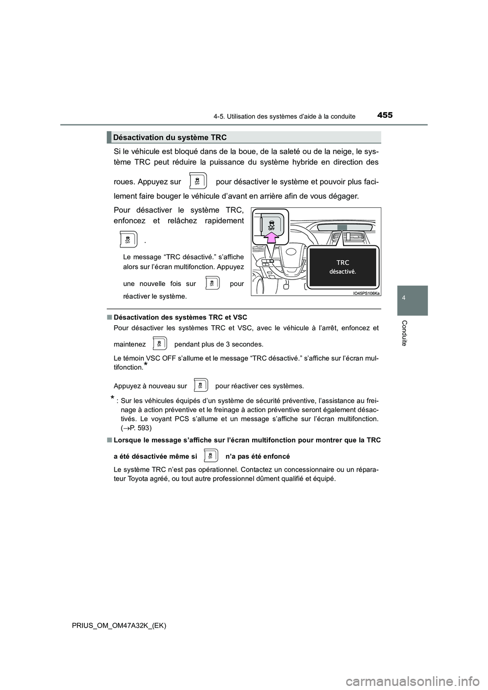 TOYOTA PRIUS 2016  Manuel du propriétaire (in French) 4554-5. Utilisation des systèmes d’aide à la conduite
4
Conduite
PRIUS_OM_OM47A32K_(EK)
Si le véhicule est bloqué dans de la boue, de la saleté ou de la neige, le sys-
tème TRC peut réduire l