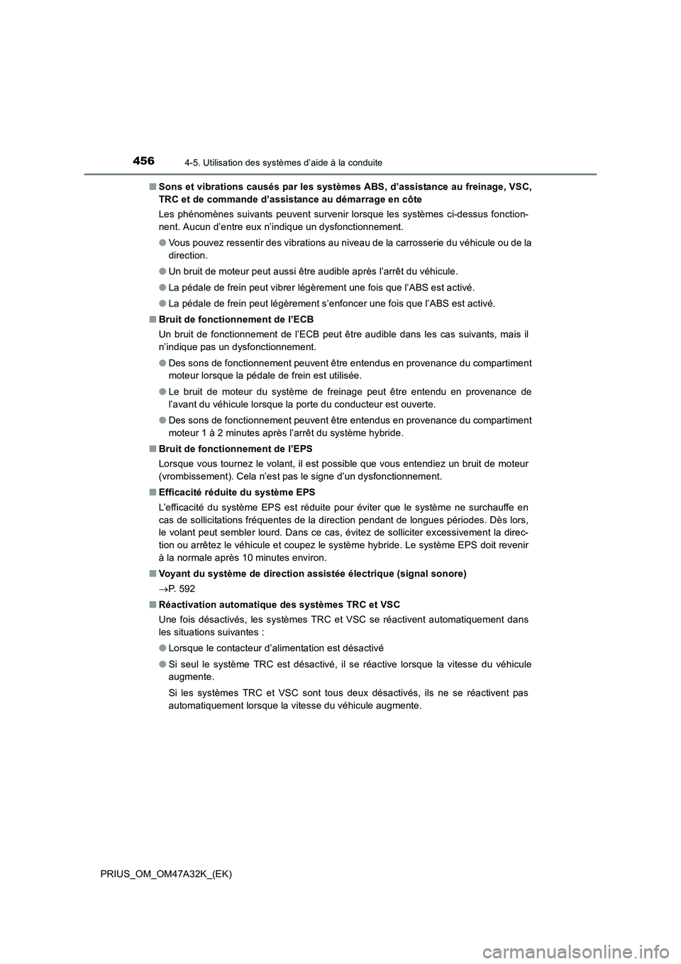 TOYOTA PRIUS 2016  Manuel du propriétaire (in French) 4564-5. Utilisation des systèmes d’aide à la conduite
PRIUS_OM_OM47A32K_(EK)■
Sons et vibrations causés par les systèmes ABS, d’assistance au freinage, VSC,
TRC et de commande d’assistance