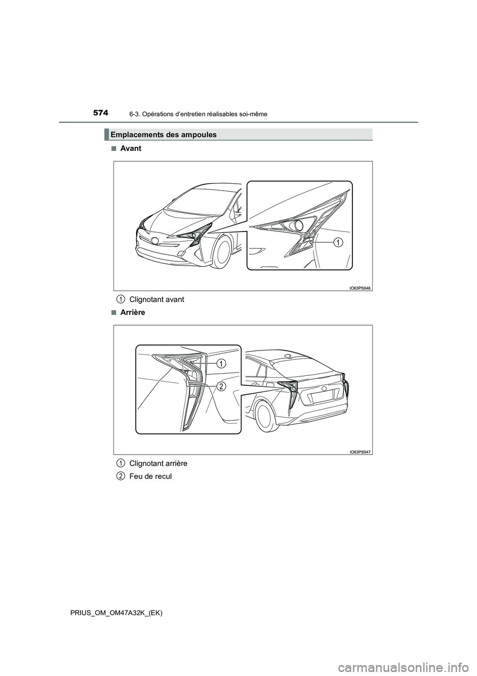 TOYOTA PRIUS 2016  Manuel du propriétaire (in French) 5746-3. Opérations d’entretien réalisables soi-même
PRIUS_OM_OM47A32K_(EK)■
Avant
Clignotant avant
■ArrièreClignotant arrière
Feu de recul
Emplacements des ampoules
1
1
2 