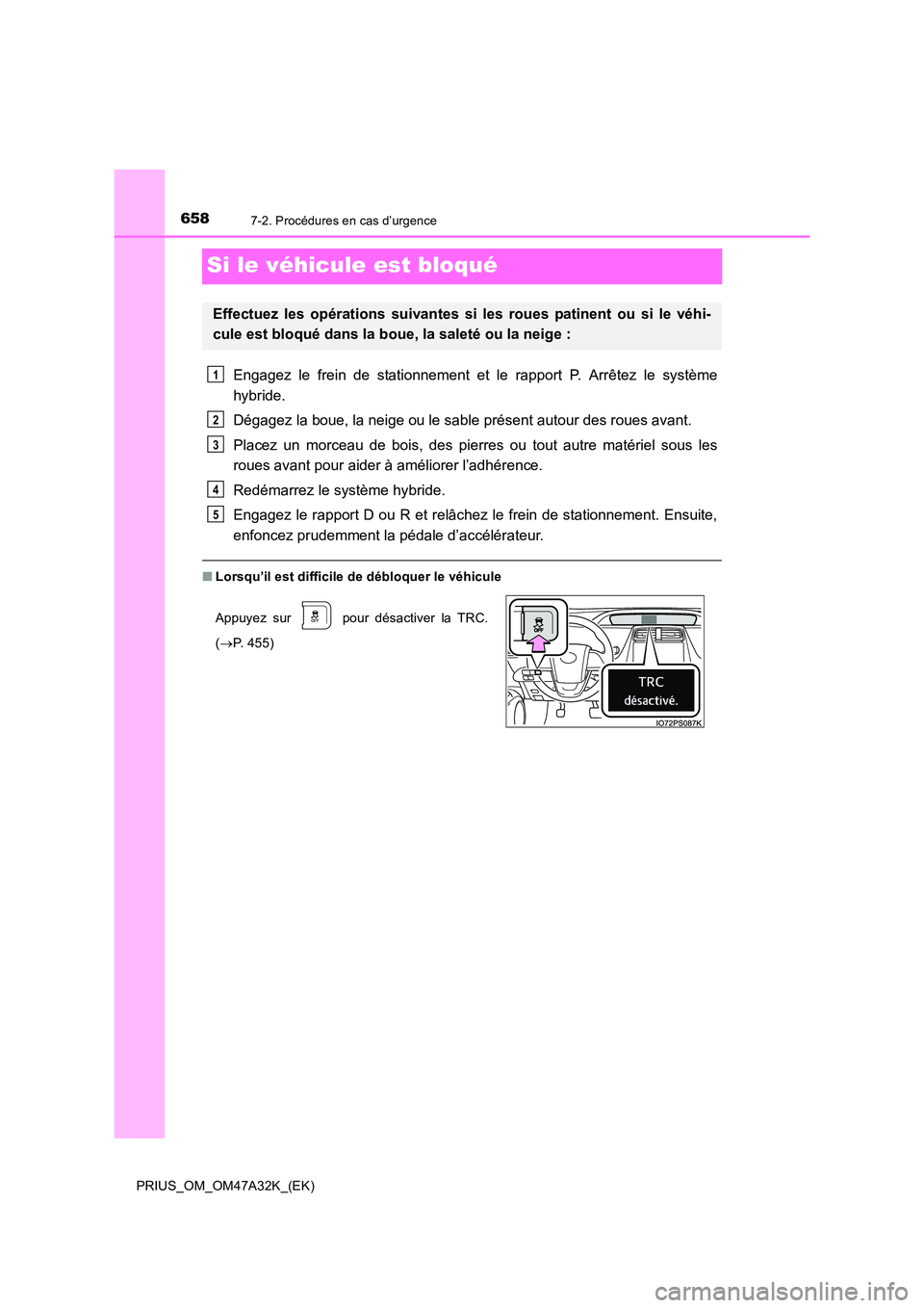 TOYOTA PRIUS 2016  Manuel du propriétaire (in French) 6587-2. Procédures en cas d’urgence
PRIUS_OM_OM47A32K_(EK)
Si le véhicule est bloqué
Engagez le frein de stationnement et le rapport P. Arrêtez le système
hybride.
Dégagez la boue, la neige ou
