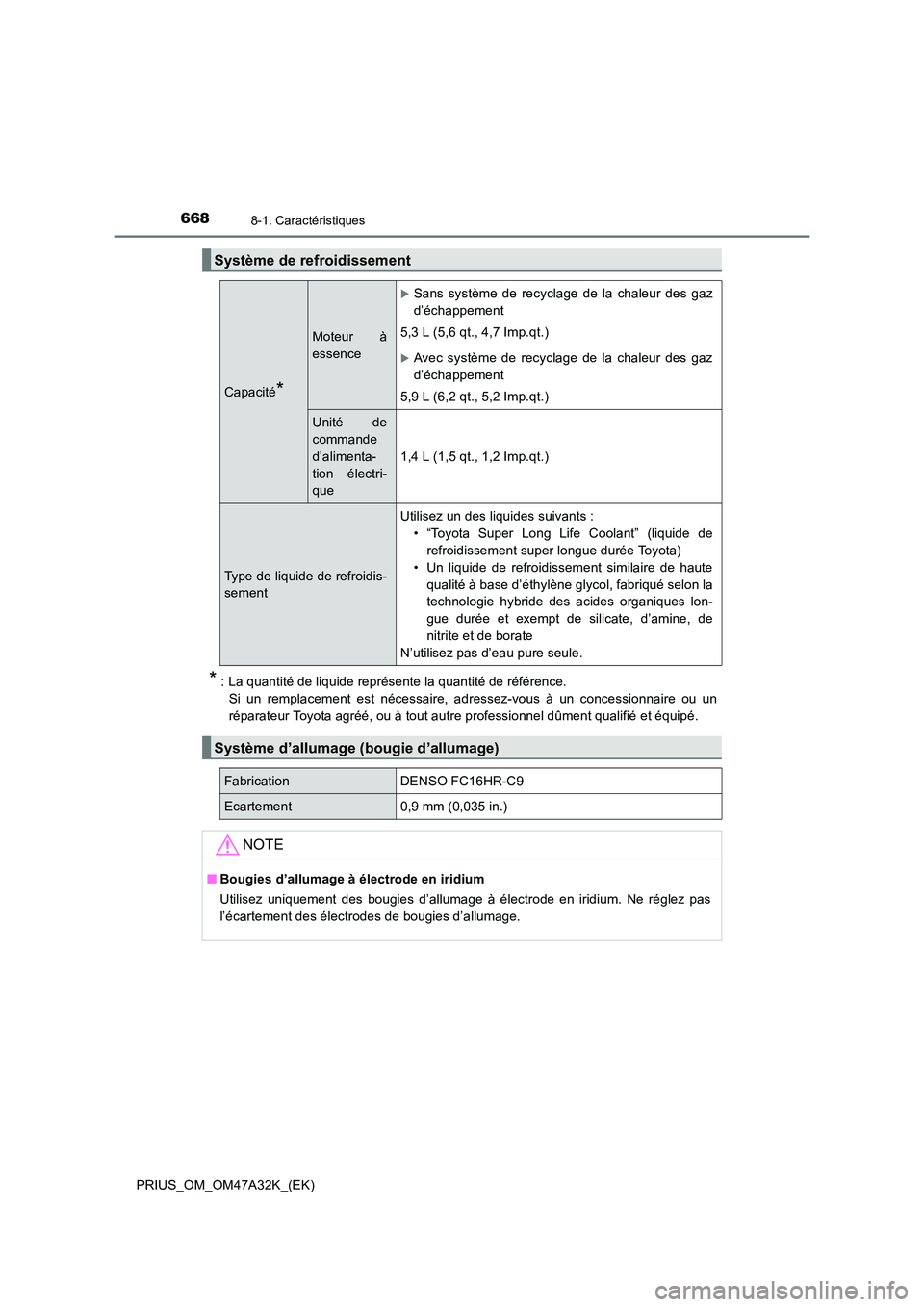TOYOTA PRIUS 2016  Manuel du propriétaire (in French) 6688-1. Caractéristiques
PRIUS_OM_OM47A32K_(EK)
* : La quantité de liquide représente la quantité de référence. Si un remplacement est nécessaire, adressez-vous à un concessionnaire ou un
rép