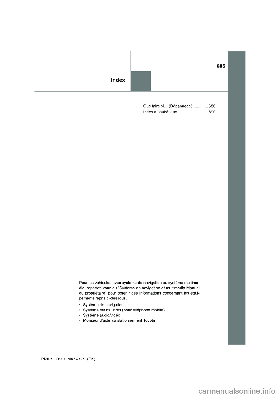 TOYOTA PRIUS 2016  Manuel du propriétaire (in French) 685
Index
PRIUS_OM_OM47A32K_(EK)Que faire si… (Dépannage) .............. 686
Index alphabétique ........................... 690
Pour les véhicules avec système de navigation ou système multimé