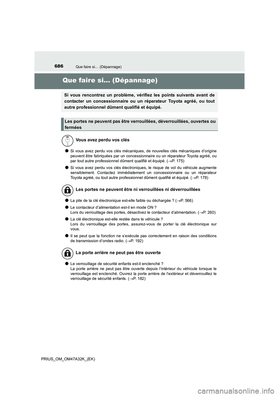 TOYOTA PRIUS 2016  Manuel du propriétaire (in French) 686Que faire si… (Dépannage)
PRIUS_OM_OM47A32K_(EK)
Que faire si… (Dépannage)
●Si vous avez perdu vos clés mécaniques, de nouvelles clés mécaniques d’origine
peuvent être fabriquées pa