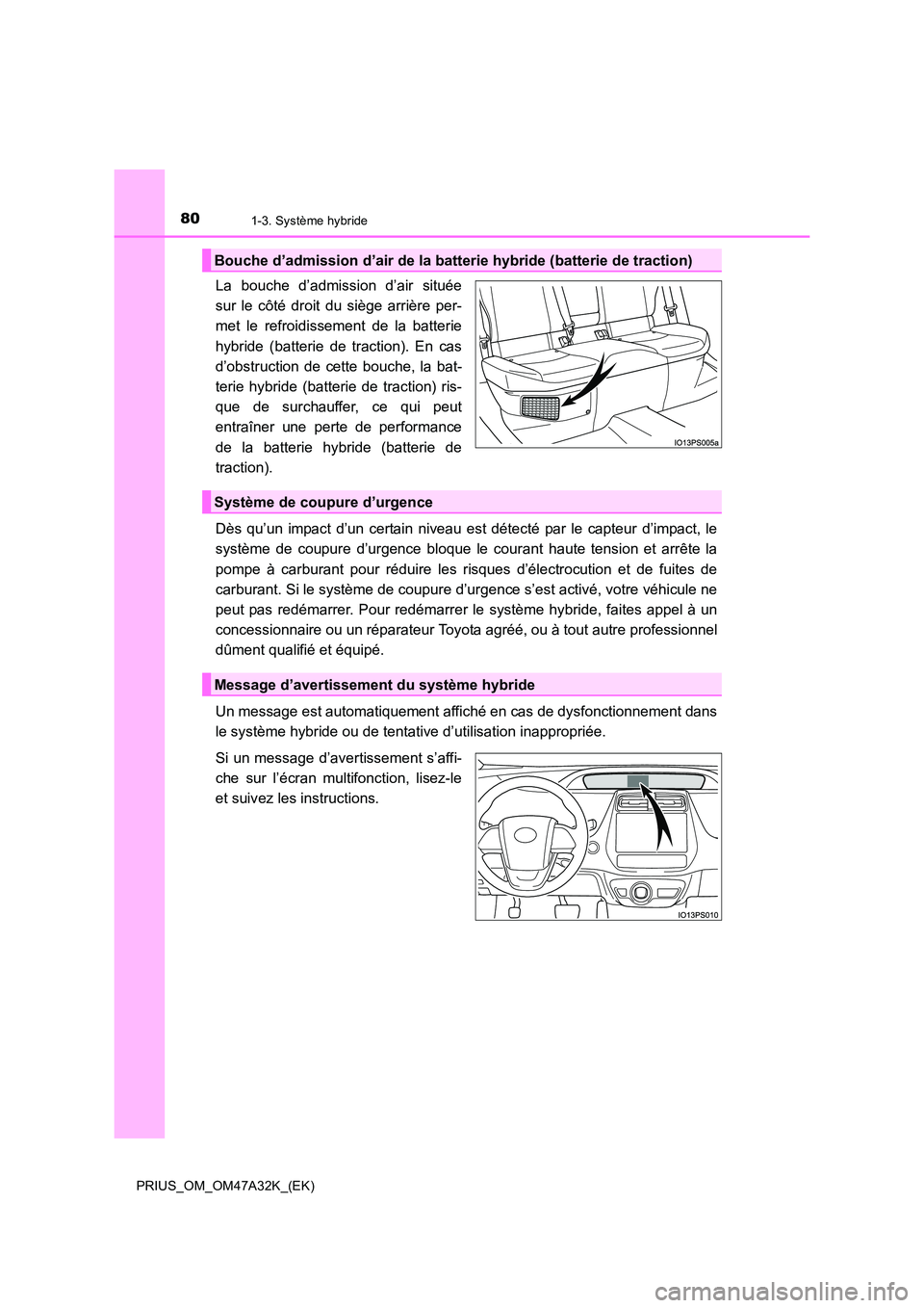 TOYOTA PRIUS 2016 Manuel du propriétaire (in French) 801-3. Système hybride
PRIUS_OM_OM47A32K_(EK)
La bouche d’admission d’air située
sur le côté droit du siège arrière per-
met le refroidissement de la batterie
hybride (batterie de traction). TOYOTA PRIUS 2016 Manuel du propriétaire (in French) 801-3. Système hybride
PRIUS_OM_OM47A32K_(EK)
La bouche d’admission d’air située
sur le côté droit du siège arrière per-
met le refroidissement de la batterie
hybride (batterie de traction).