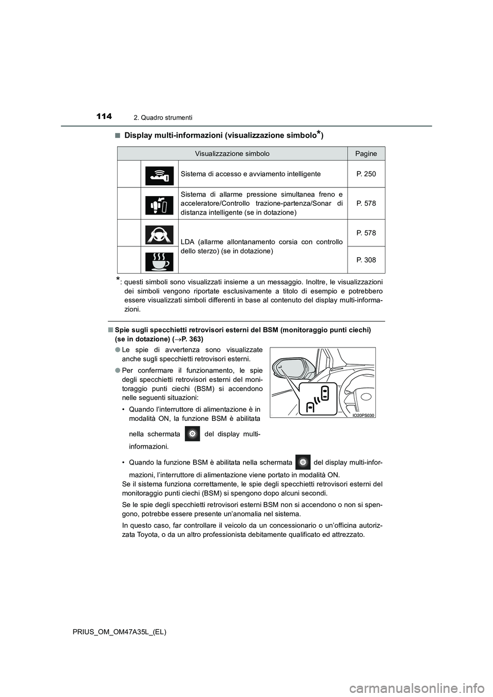 TOYOTA PRIUS 2016  Manuale duso (in Italian) 1142. Quadro strumenti
PRIUS_OM_OM47A35L_(EL)■
Display multi-informazioni (visualizzazione simbolo*)
*: questi simboli sono visualizzati insieme a un messaggio. Inoltre, le visualizzazioni
dei simbo