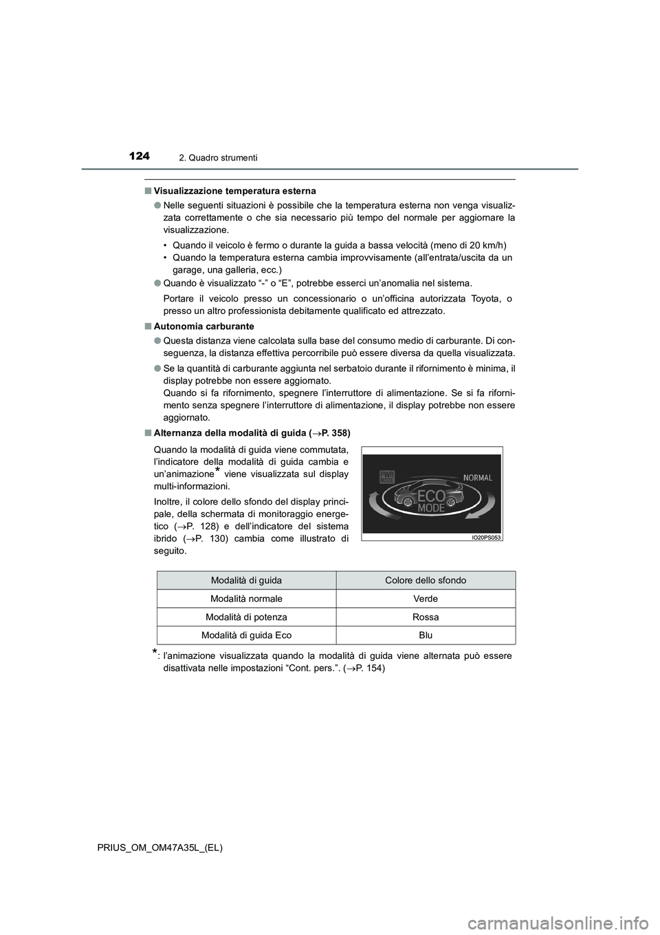 TOYOTA PRIUS 2016  Manuale duso (in Italian) 1242. Quadro strumenti
PRIUS_OM_OM47A35L_(EL)
■Visualizzazione temperatura esterna
●Nelle seguenti situazioni è possibile che la temperatura esterna non venga visualiz-
zata correttamente o che s