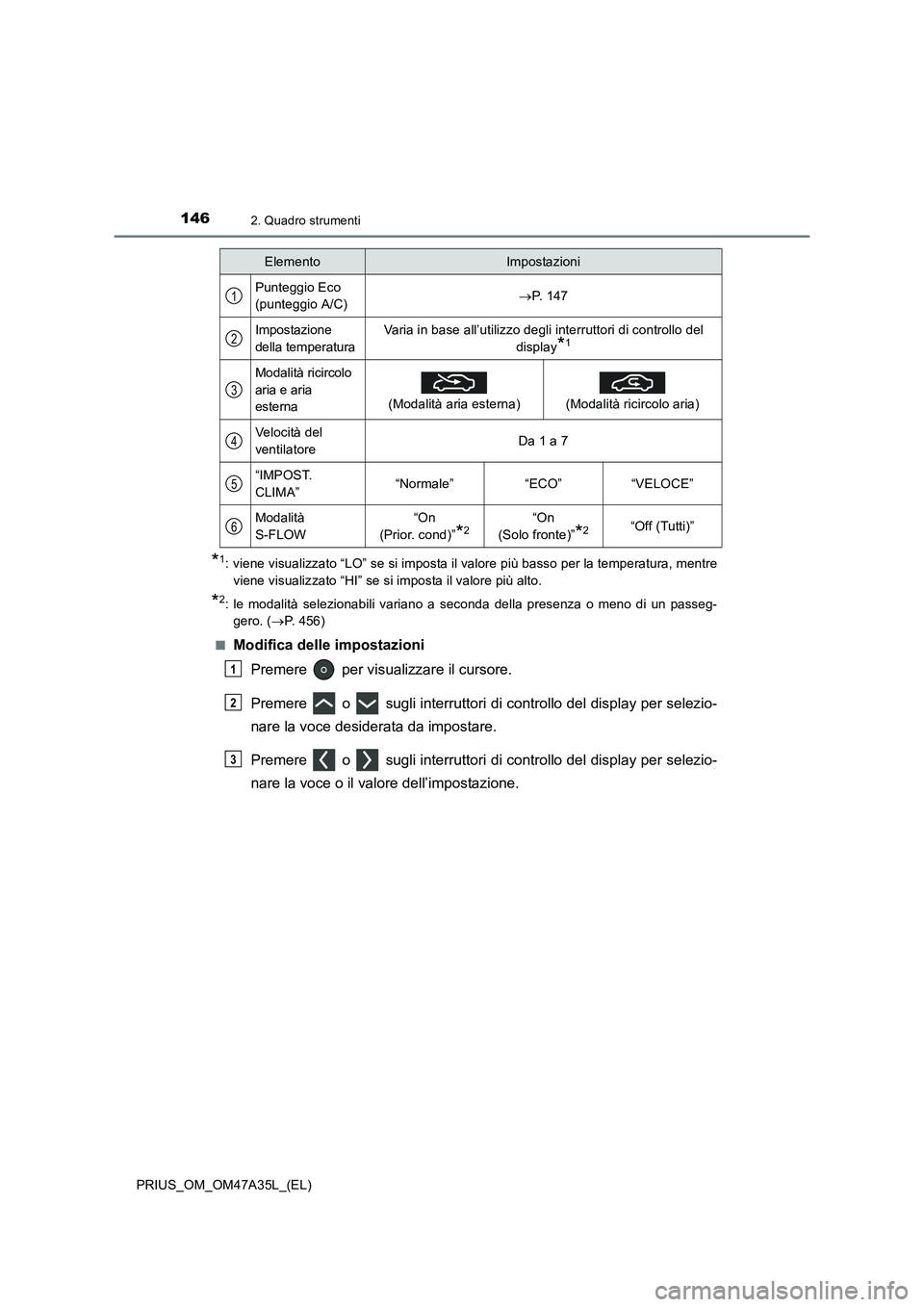 TOYOTA PRIUS 2016  Manuale duso (in Italian) 1462. Quadro strumenti
PRIUS_OM_OM47A35L_(EL)
*1: viene visualizzato “LO” se si imposta il valore più basso per la temperatura, mentreviene visualizzato “HI” se si imposta il valore più alto